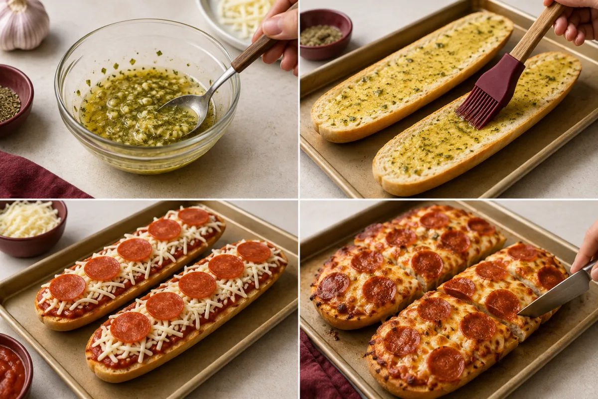Four stages showing garlic herb butter mixed, brushed onto baguette halves, topped with sauce cheese and pepperoni, and baked until golden