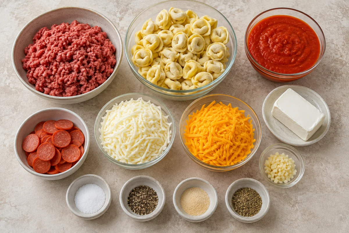 Ingredients for cheesy pizza tortellini including ground beef, cheese tortellini, marinara, cream cheese, pepperoni, mozzarella, cheddar, garlic, and seasonings