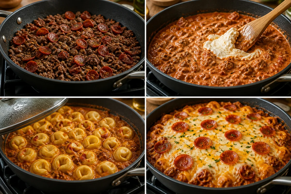Four stages showing beef and pepperoni browned, marinara and cream cheese added, tortellini simmered in sauce, and cheese melted over the finished skillet