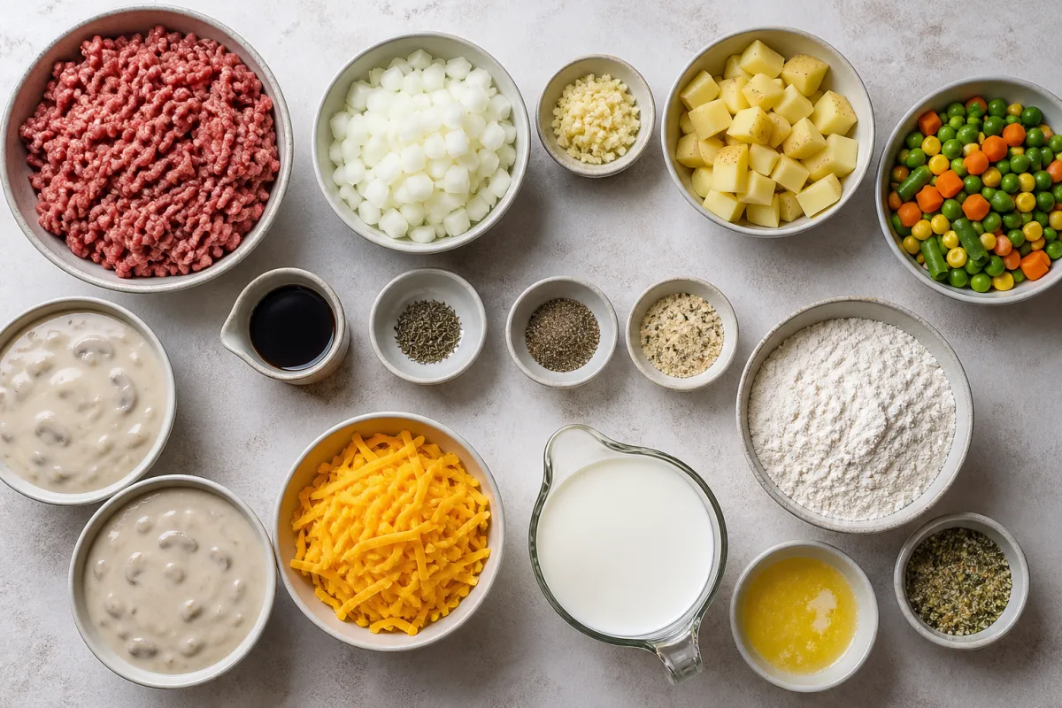 Ingredients for potatoes au gratin with Yukon Gold potatoes, butter, onion, garlic, flour, half-and-half, cheddar, smoked Gouda, garlic-herb cheese, mustard, and herbs