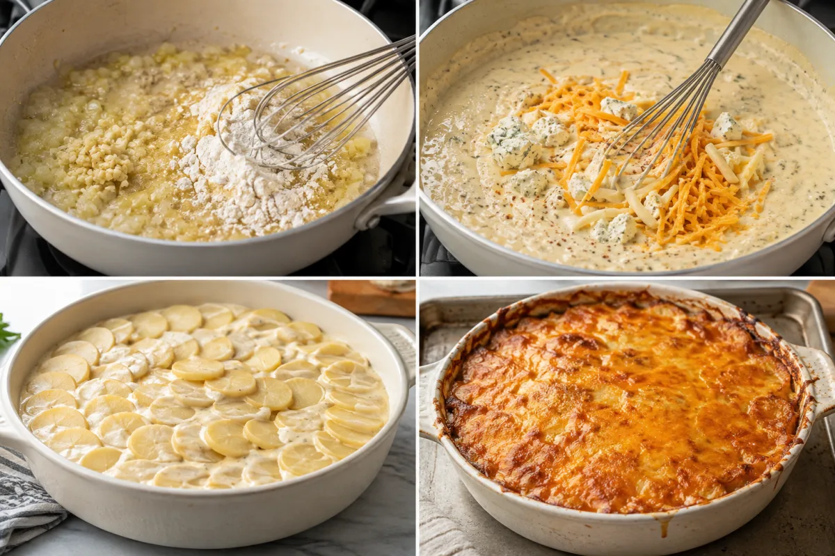 Four stages showing onion garlic roux, three-cheese cream sauce, thin potatoes layered with sauce, and golden bubbly potatoes au gratin