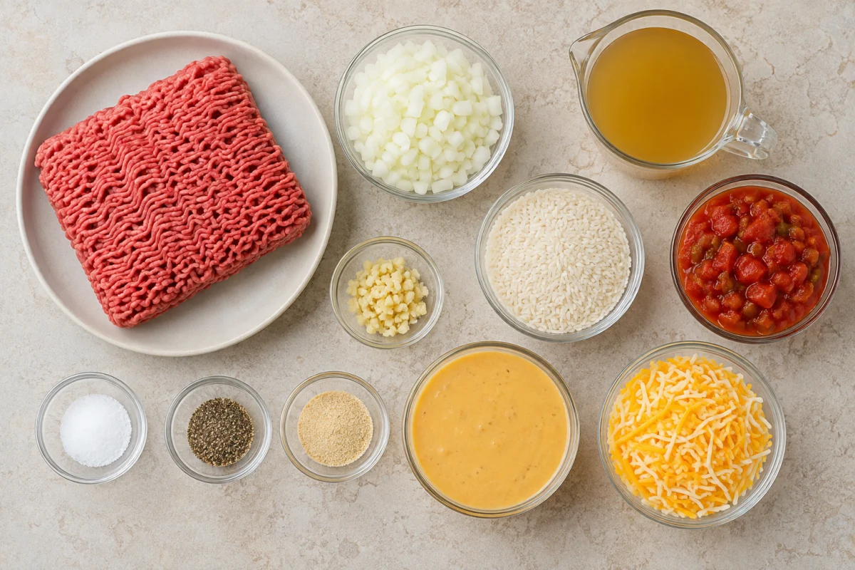 Ingredients for cheesy queso ground beef and rice including beef, instant rice, broth, tomatoes with chiles, queso, and shredded cheese