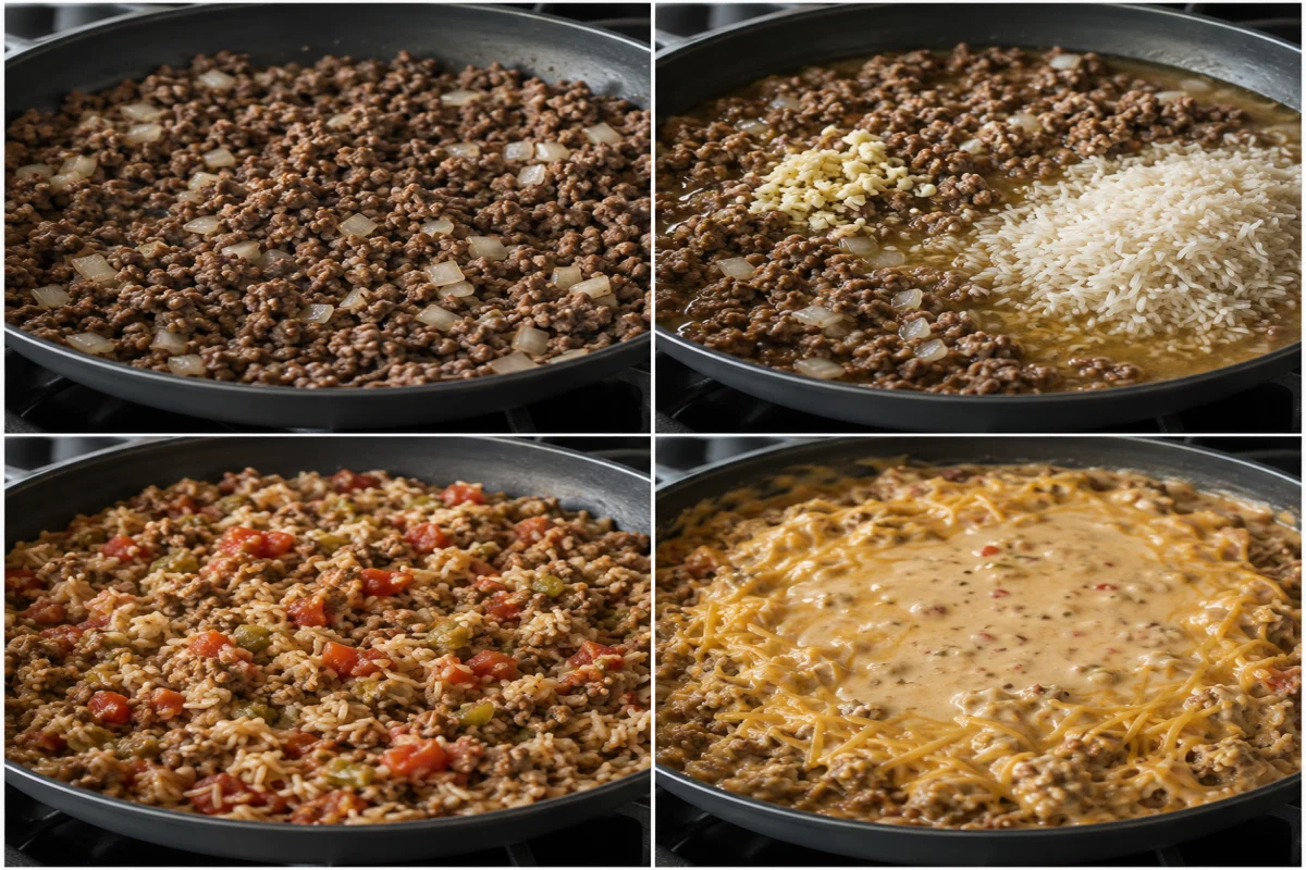 Four stages showing beef browned with onion, instant rice and broth added, tomatoes mixed through, and queso cheese melted into the skillet