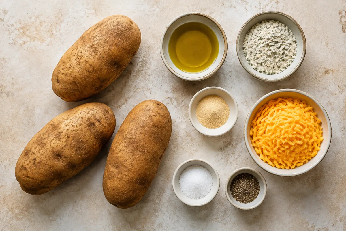 Ingredients for cheesy ranch potatoes: russet potatoes, olive oil, ranch seasoning, garlic powder, salt, pepper, and shredded cheddar