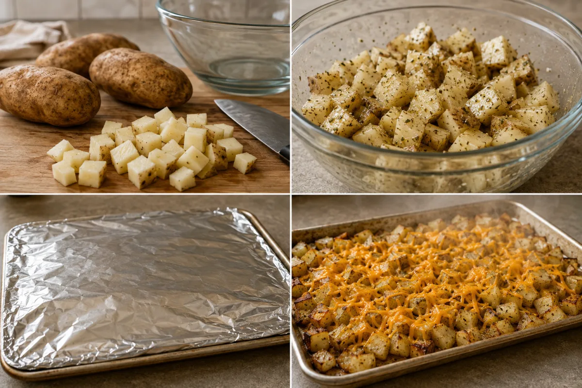 Four cooking stages for cheesy ranch potatoes: cutting, seasoning, arranging on a sheet pan, and adding melted cheddar