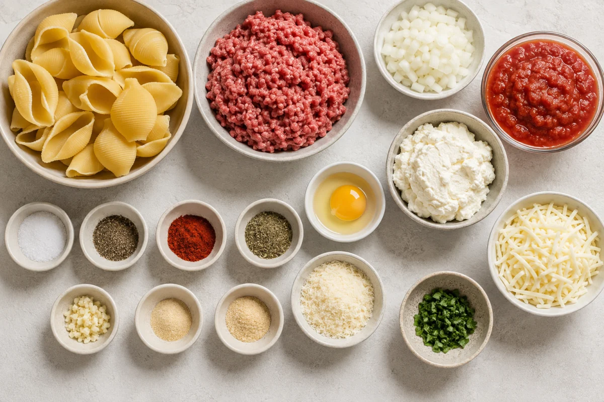 Ingredients for cheesy stuffed shells including jumbo pasta, ground beef, onion, marinara, ricotta, egg, Parmesan, mozzarella, garlic, and seasonings