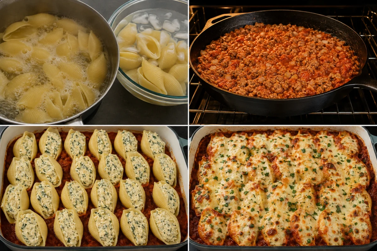 Four stages showing jumbo shells boiling, beef marinara cooking, shells filled with ricotta and arranged in sauce, and baked shells topped with melted mozzarella