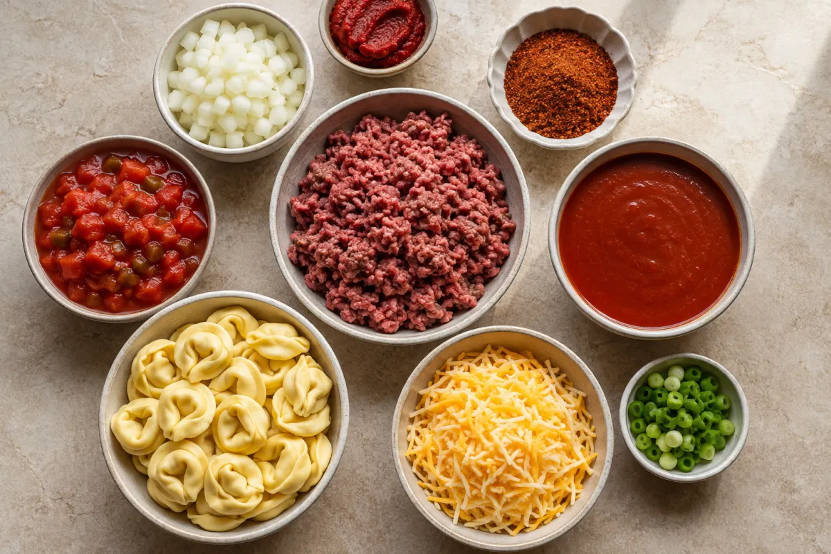 Ingredients for cheesy taco tortellini skillet with ground beef, onion, tomato paste, taco seasoning, enchilada sauce, tomatoes with green chiles, frozen tortellini, Colby Jack, and green onions