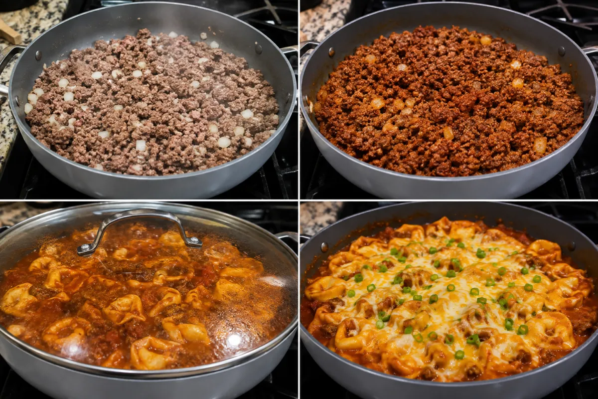 Four stages showing beef browned with onion, taco sauce mixed, tortellini simmered in the skillet, and the dish finished with melted Colby Jack and green onions