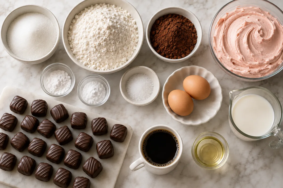 Ingredients for cherry cordial chocolate cupcakes including sugar, flour, cocoa, leavening, eggs, milk, oil, vanilla, hot coffee, cherry buttercream, and chocolate cherry candies