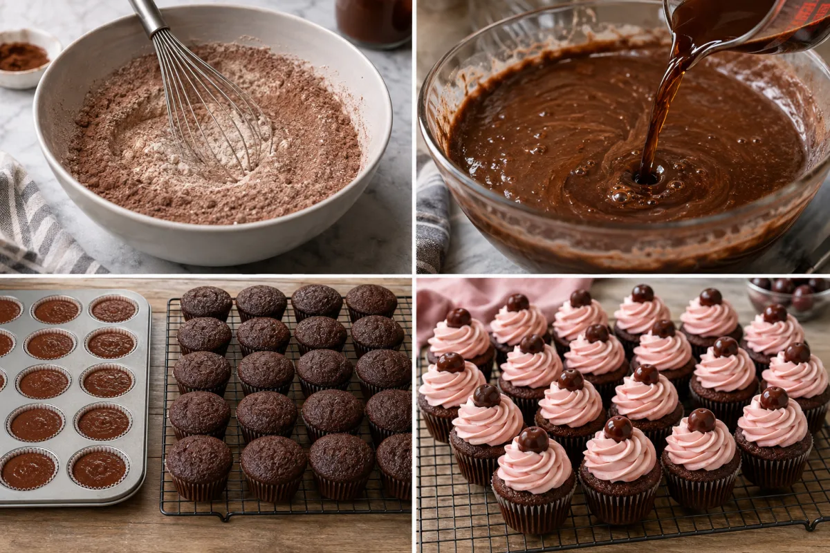 Four stages showing cocoa dry ingredients mixed, hot coffee added to chocolate batter, cupcakes baked and cooled, and chocolate cupcakes topped with pink cherry frosting and cordial candies