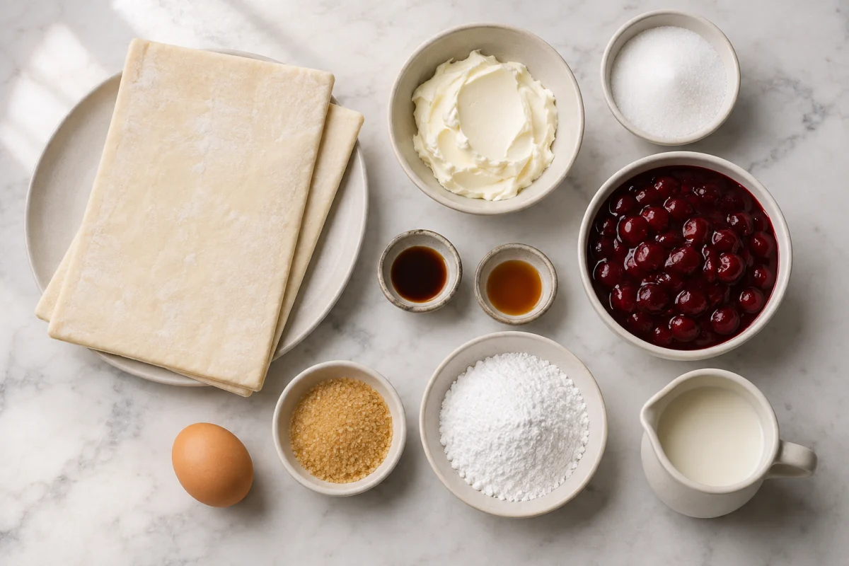 Ingredients for braided cherry Danish including puff pastry, cream cheese, sugar, vanilla, almond extract, cherry filling, egg, turbinado sugar, powdered sugar, and milk