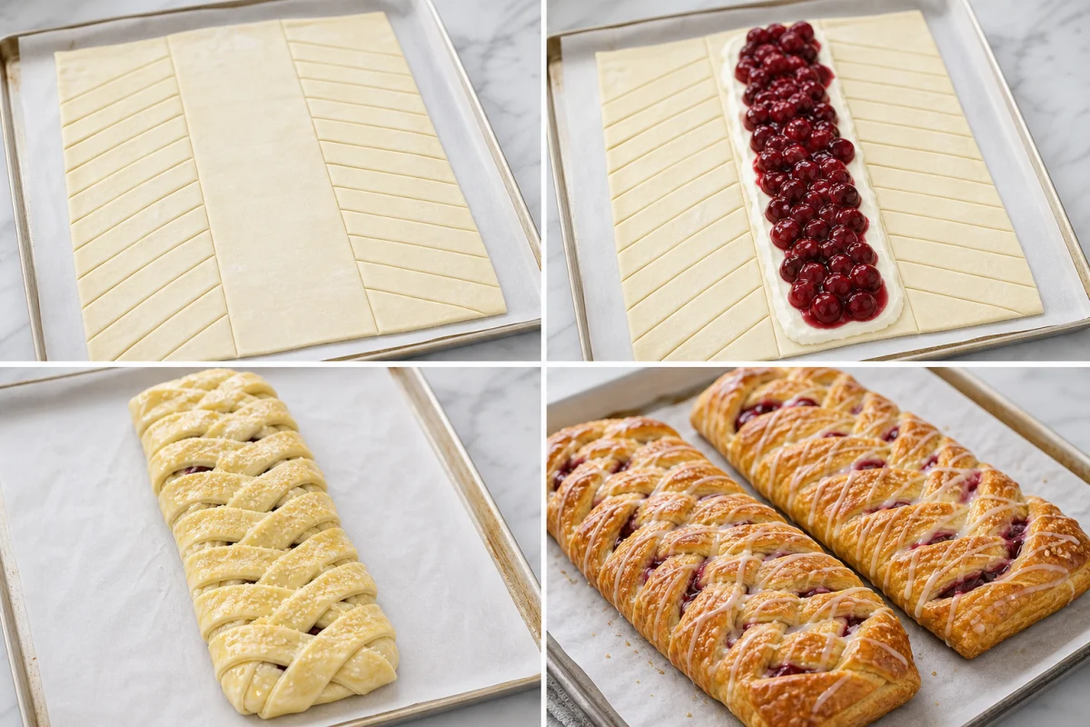 Four stages showing puff pastry cut for braiding, cream cheese and cherry filling added, strips braided and sugared, and two golden cherry Danish braids glazed
