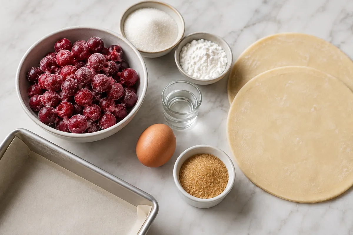 Ingredients for cherry pie bars with frozen sweet cherries, sugar, cornstarch, water, two pie crusts, egg, and turbinado sugar