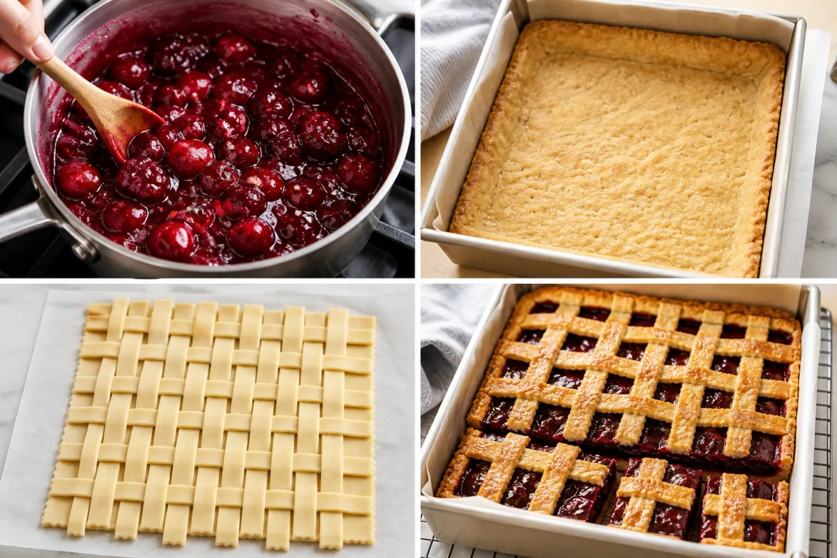 Four stages showing thick cherry filling, prebaked bottom crust, woven pie-crust lattice, and golden baked cherry pie bars