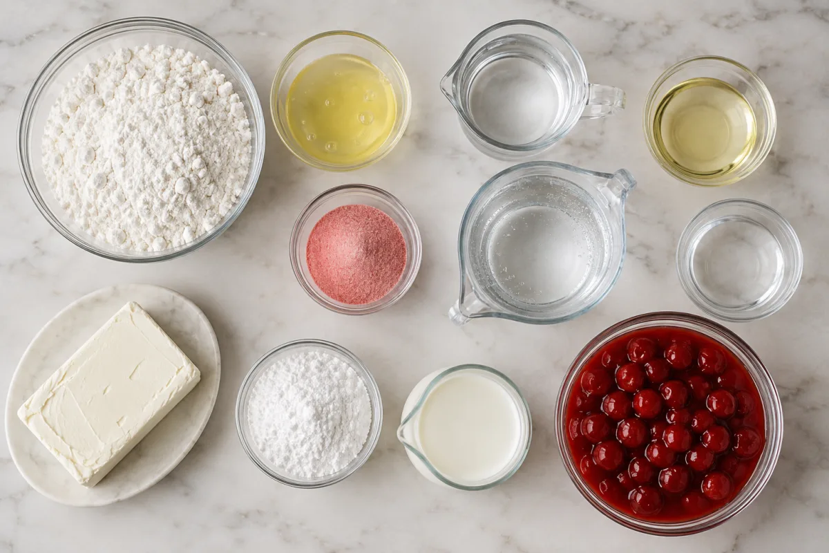 Ingredients for cherry poke cake with white cake mix, egg whites, water, oil, cherry gelatin, cream cheese, powdered sugar, heavy cream, and cherry pie filling
