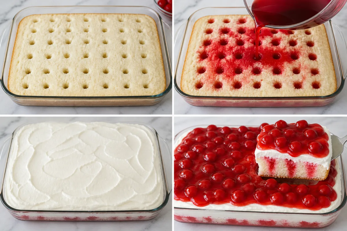 Four stages showing holes poked in white cake, cherry gelatin poured, chilled cake frosted, and cherry filling spread over the finished cake