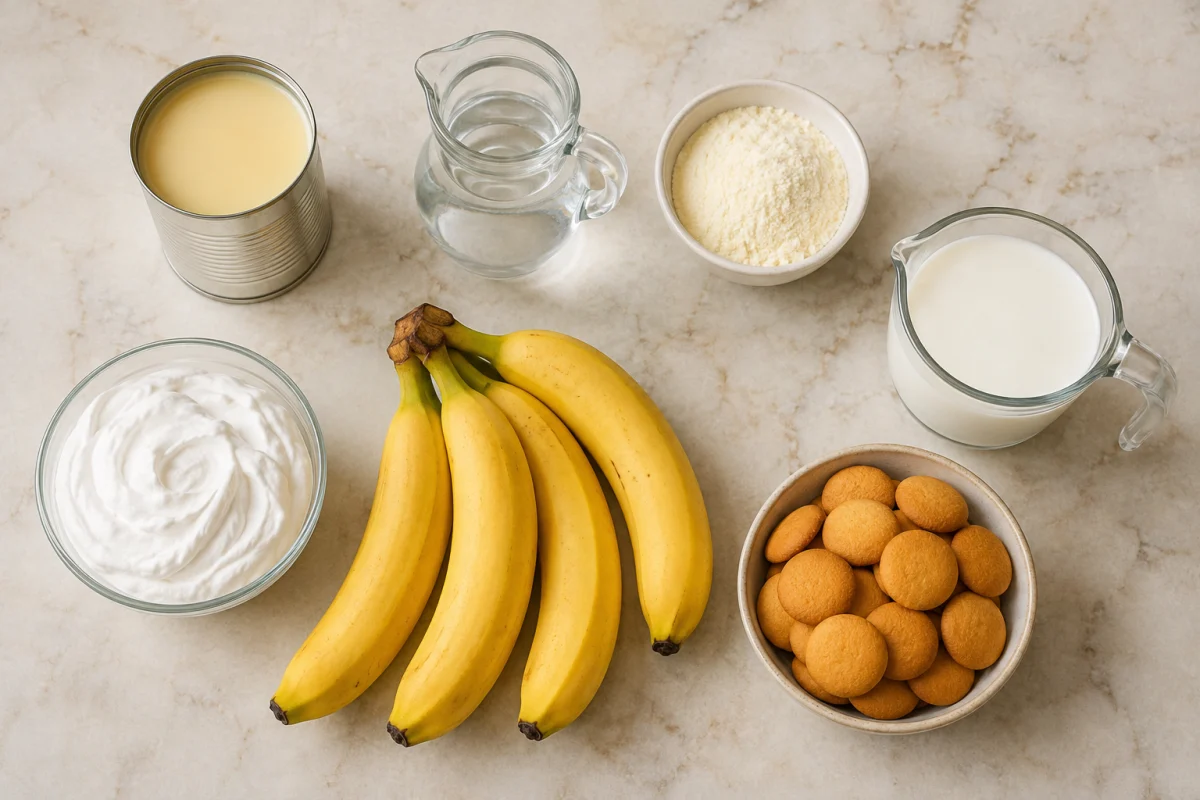 Ingredients for banana pudding including condensed milk, vanilla pudding mix, cream, marshmallow fluff, bananas, and vanilla wafers