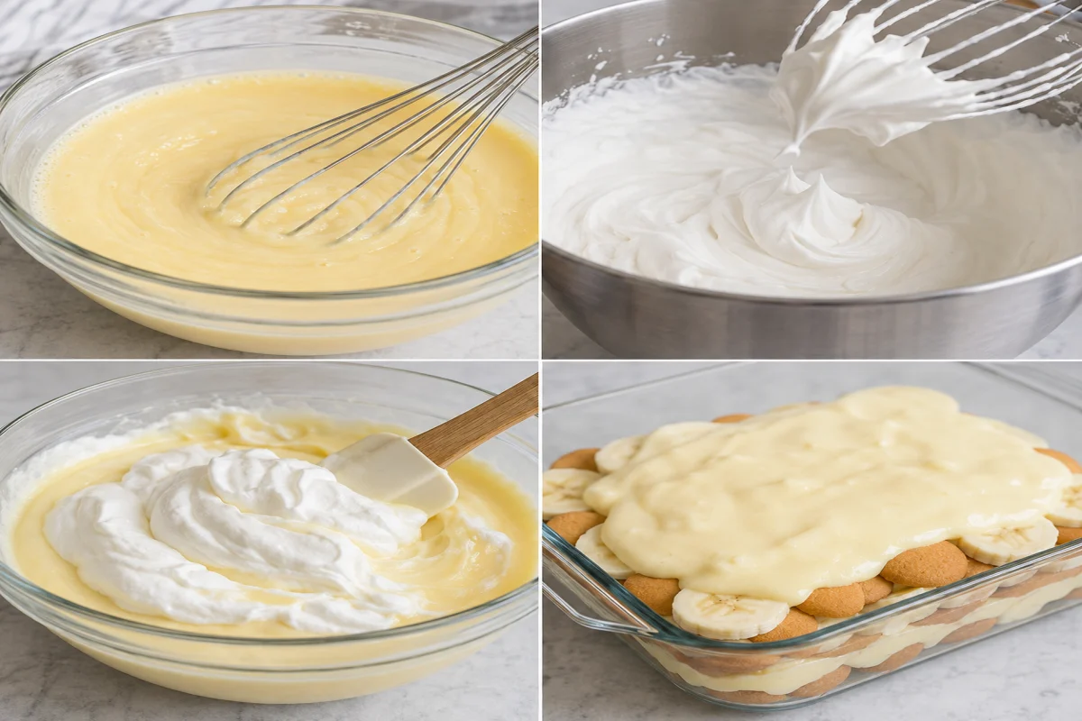 Four stages showing vanilla pudding mixed, cream whipped, filling folded, and banana pudding layered with wafers
