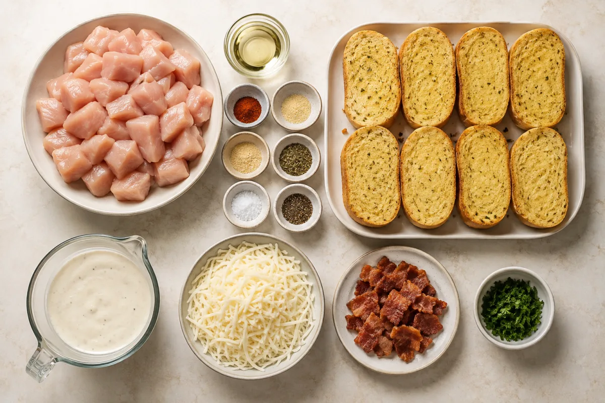 Ingredients for chicken Alfredo garlic Texas toast with chicken, seasonings, frozen garlic toast, Alfredo sauce, mozzarella, bacon, and parsley