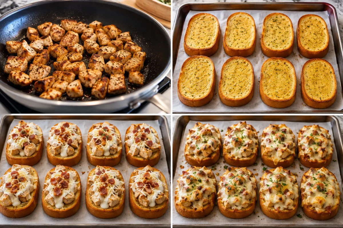 Four stages showing seasoned chicken cooked, garlic Texas toast baked crisp, toast topped with chicken Alfredo mozzarella and bacon, and cheese melted until bubbly