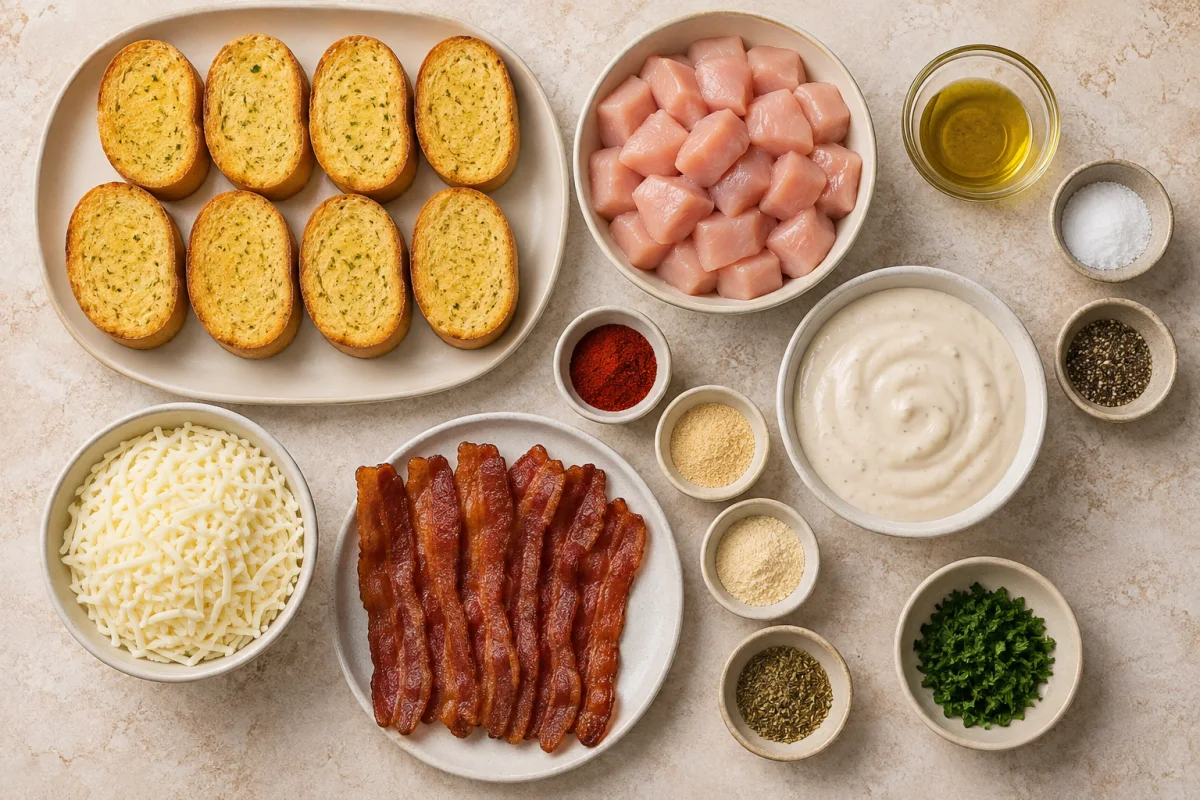 Ingredients for chicken Alfredo garlic toast including garlic bread, chicken, seasonings, sauce, mozzarella, bacon, and parsley