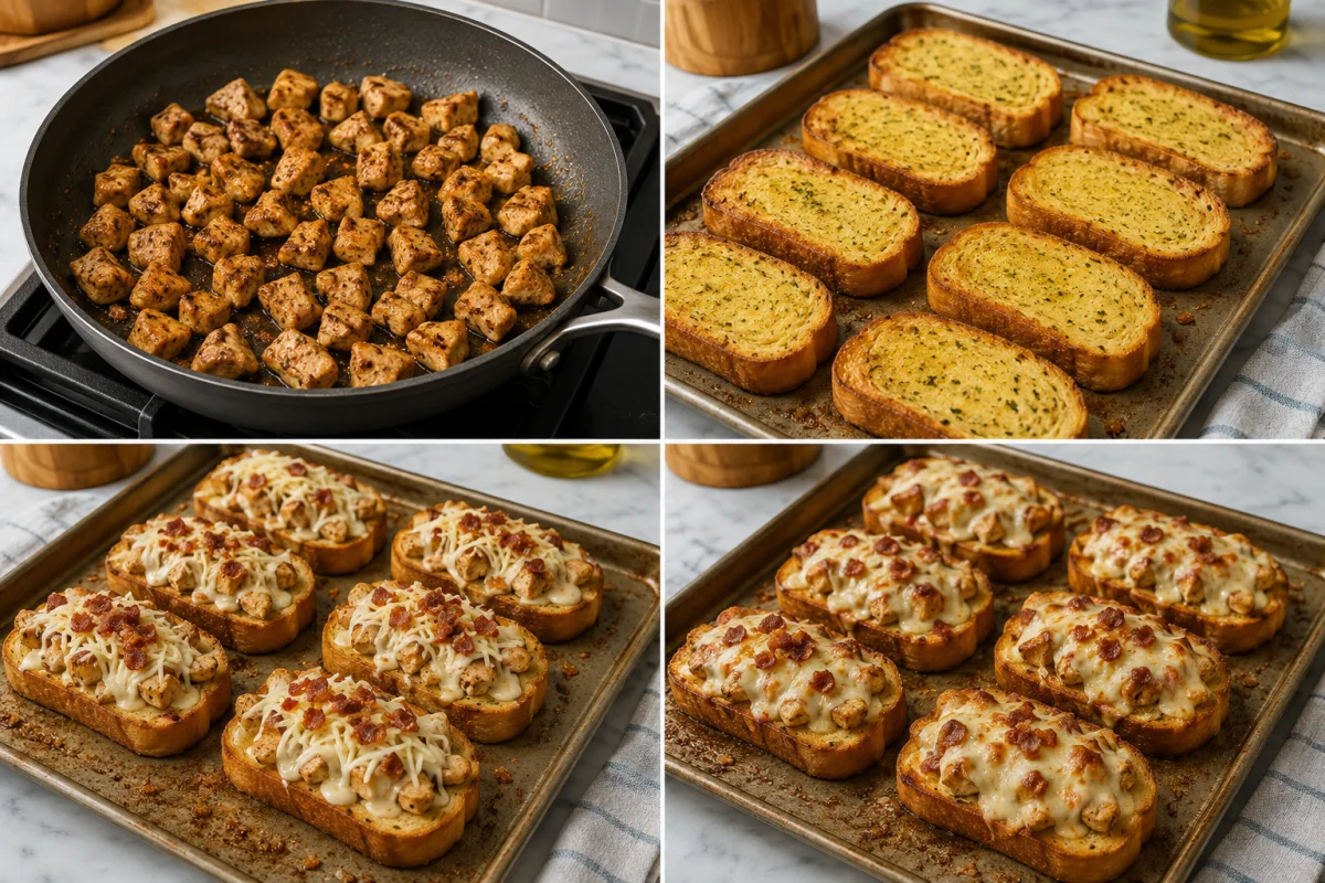 Four stages showing chicken browned, garlic toast baked, toppings assembled, and mozzarella melted