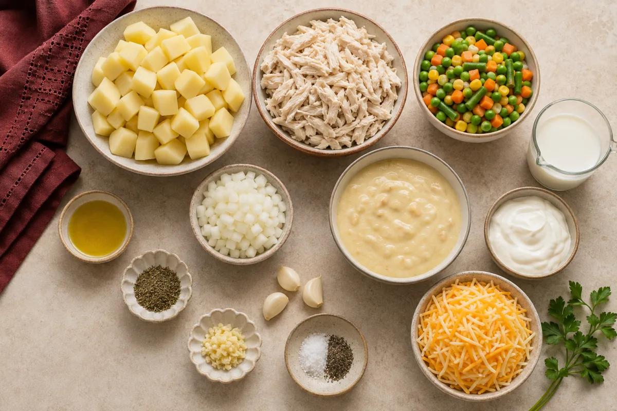 Ingredients for chicken and potato casserole with potato cubes, shredded chicken, mixed vegetables, onion, garlic, creamy sauce, cheese, and parsley