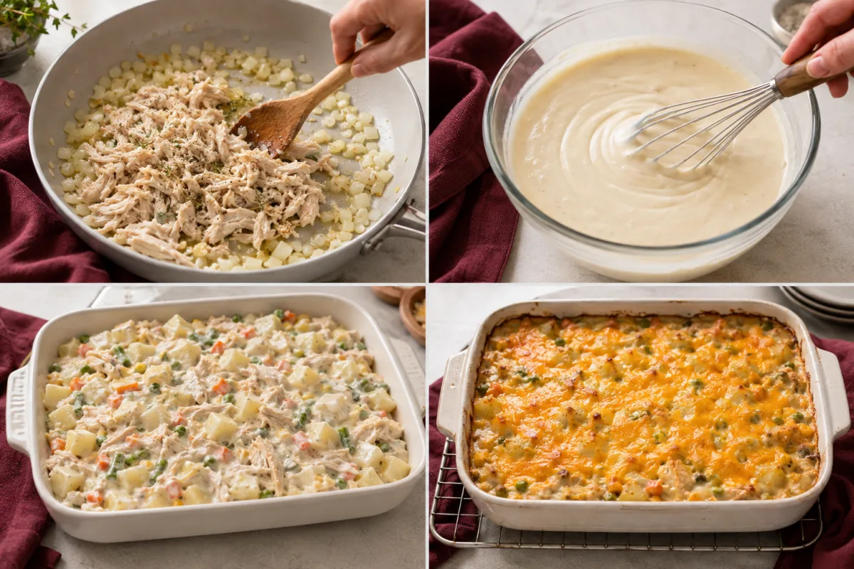 Four stages showing chicken and aromatics cooked, creamy sauce whisked, casserole assembled with potatoes and vegetables, and baked with cheese