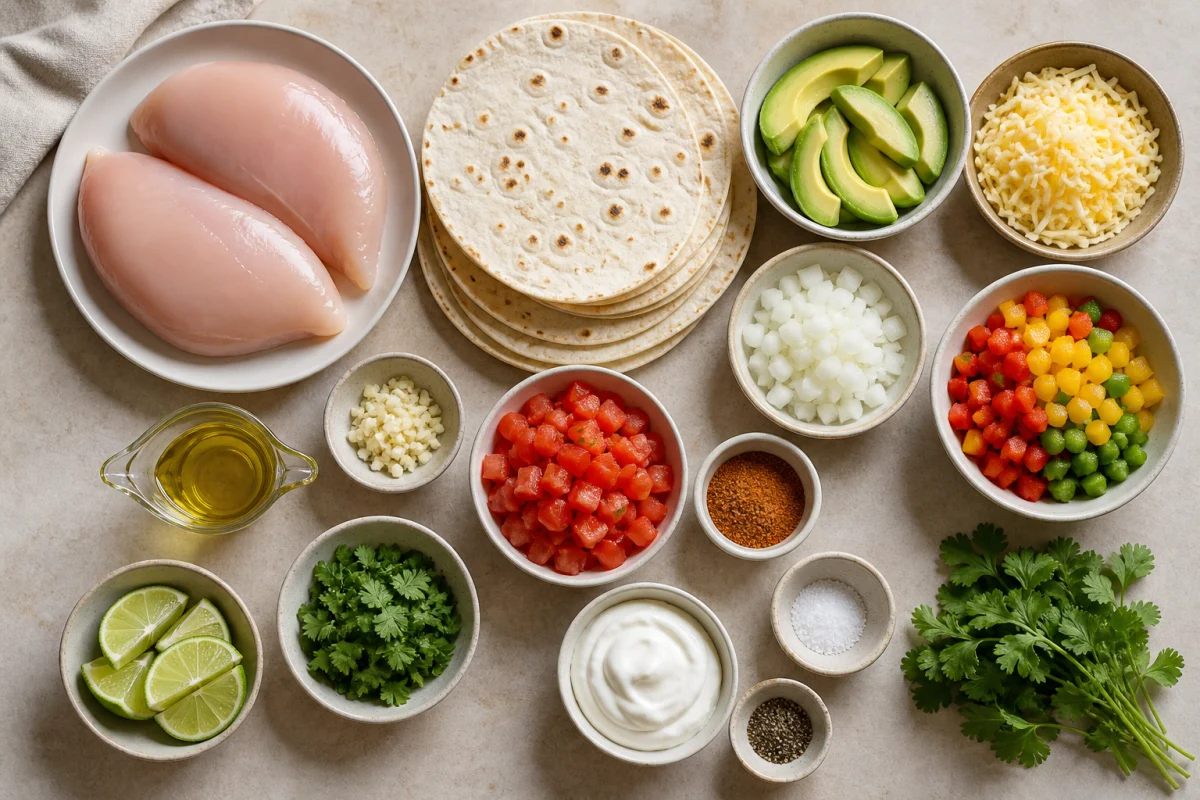 Ingredients for chicken avocado quesadillas including chicken breasts, tortillas, avocado, peppers, onion, tomatoes, cheese, sour cream, garlic, lime, cilantro, and seasoning