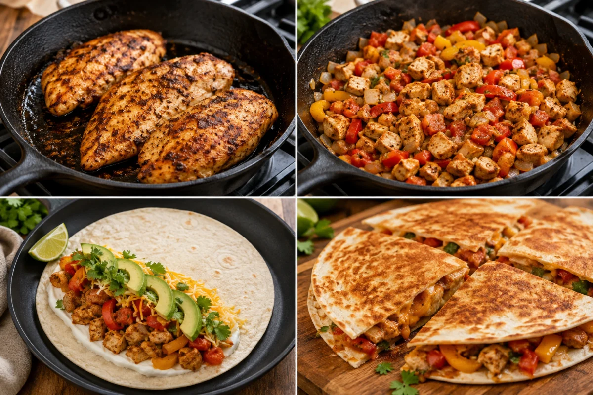 Four stages showing seasoned chicken cooking, peppers and onions sautéing, quesadilla filled with chicken avocado and cheese, and golden quesadilla wedges