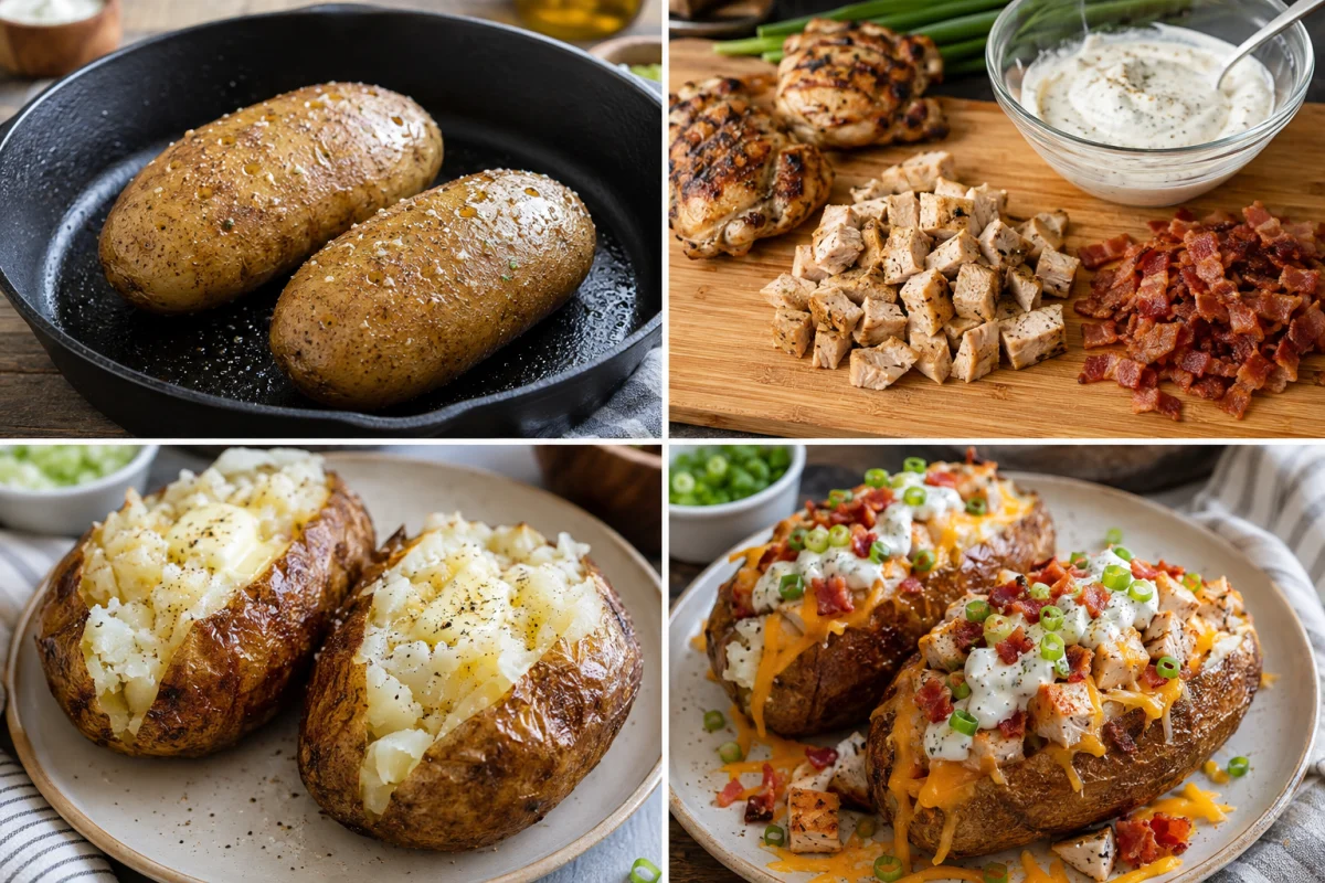 Four stages showing seasoned potatoes, chicken bacon ranch toppings, opened baked potatoes, and loaded finished potatoes