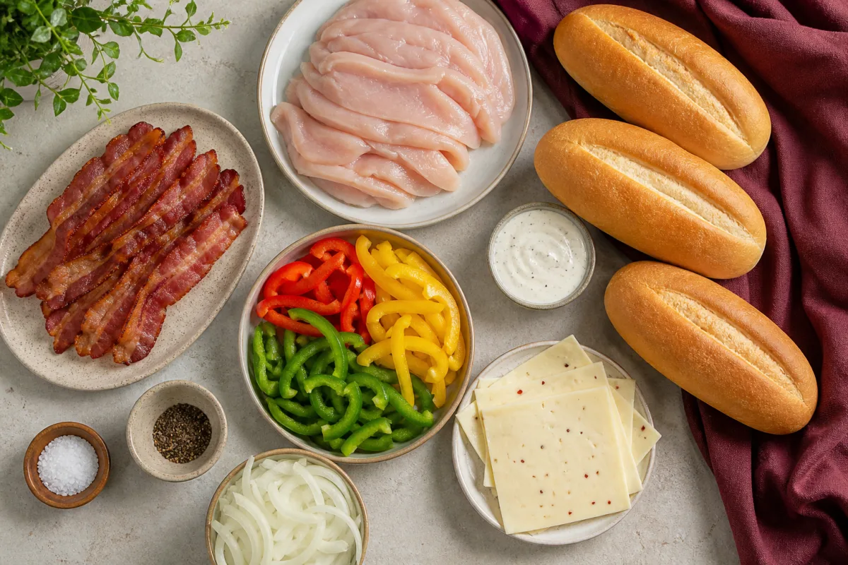 Ingredients for chicken bacon ranch subs with sliced chicken breast, bacon, bell peppers, sweet onion, pepper jack, sub rolls, ranch, salt, and pepper