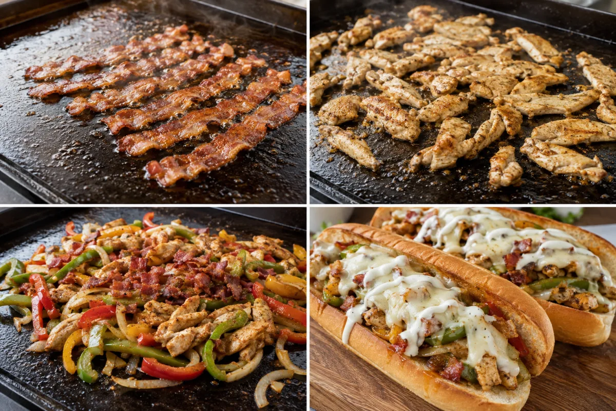 Four stages showing bacon crisped on a griddle, thin chicken cooked, peppers and onion sautéed with bacon, and toasted subs filled under melted pepper jack and ranch