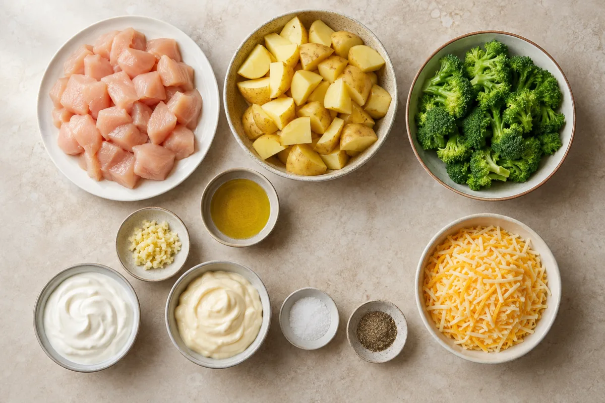 Ingredients for chicken broccoli potato casserole with chicken breasts, yellow potatoes, broccoli, garlic, sour cream, mayonnaise, olive oil, cheese, salt, and pepper