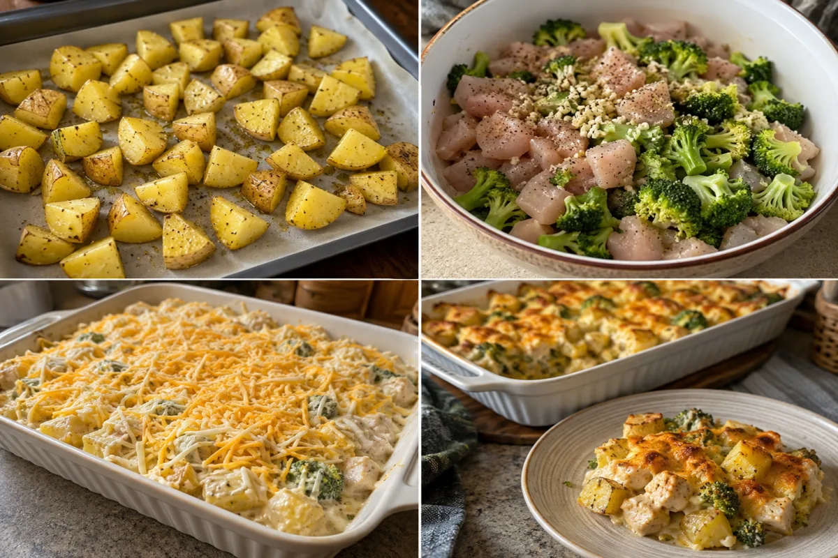 Four stages showing potatoes roasted, chicken broccoli and garlic combined, creamy mixture topped with cheese in a casserole dish, and casserole baked golden