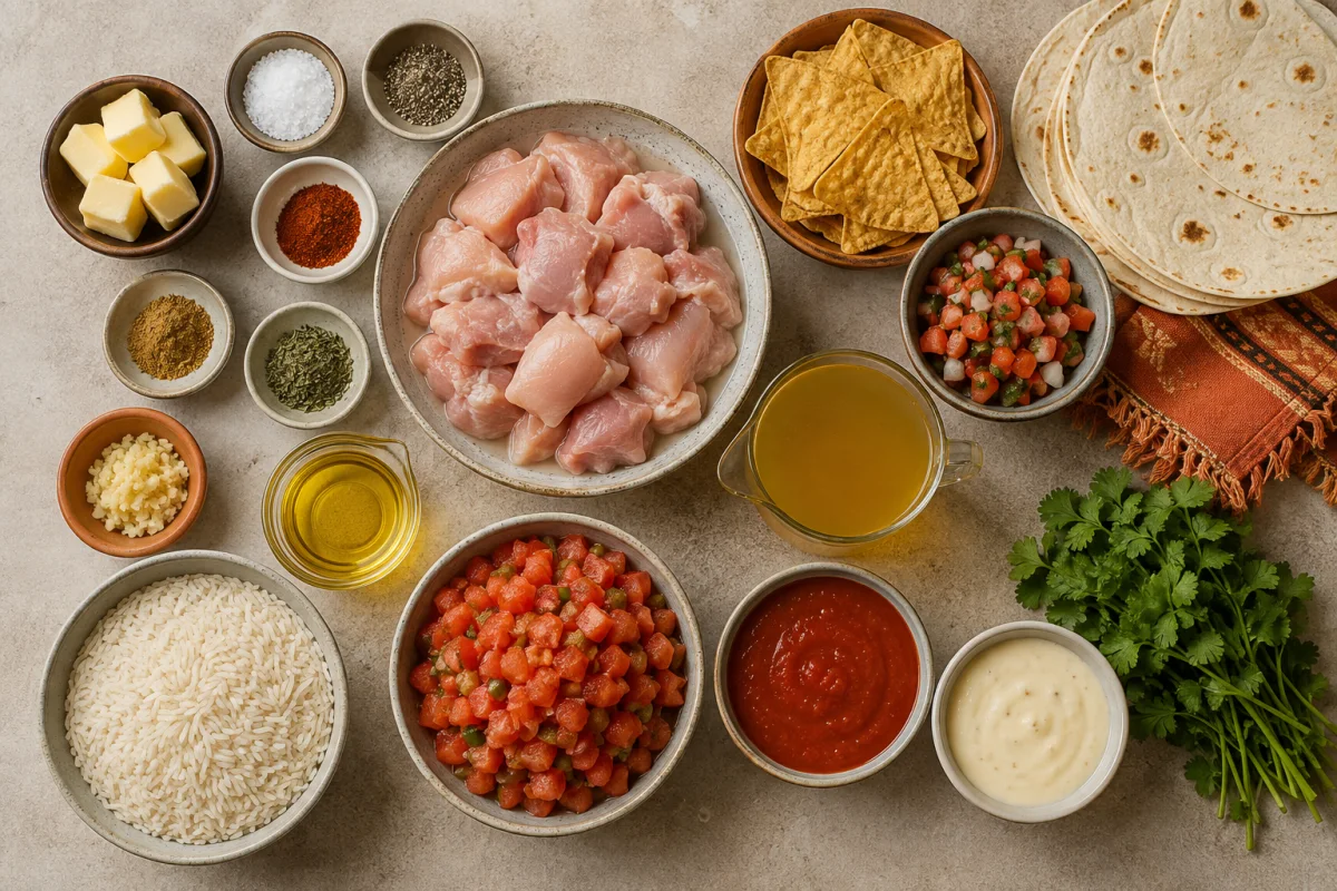 Ingredients for cheesy chicken rice skillet including chicken, rice, tomatoes, broth, spices, queso, tortillas, and cilantro