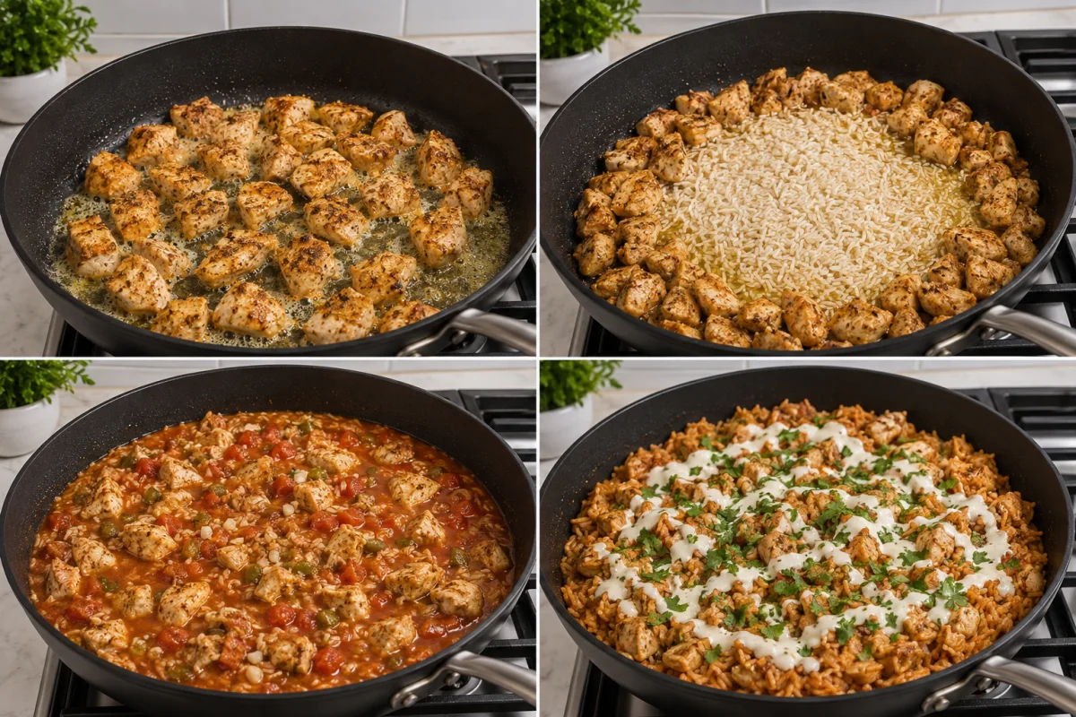 Four stages showing chicken browned, rice toasted, tomato broth simmered, and cooked skillet finished with queso