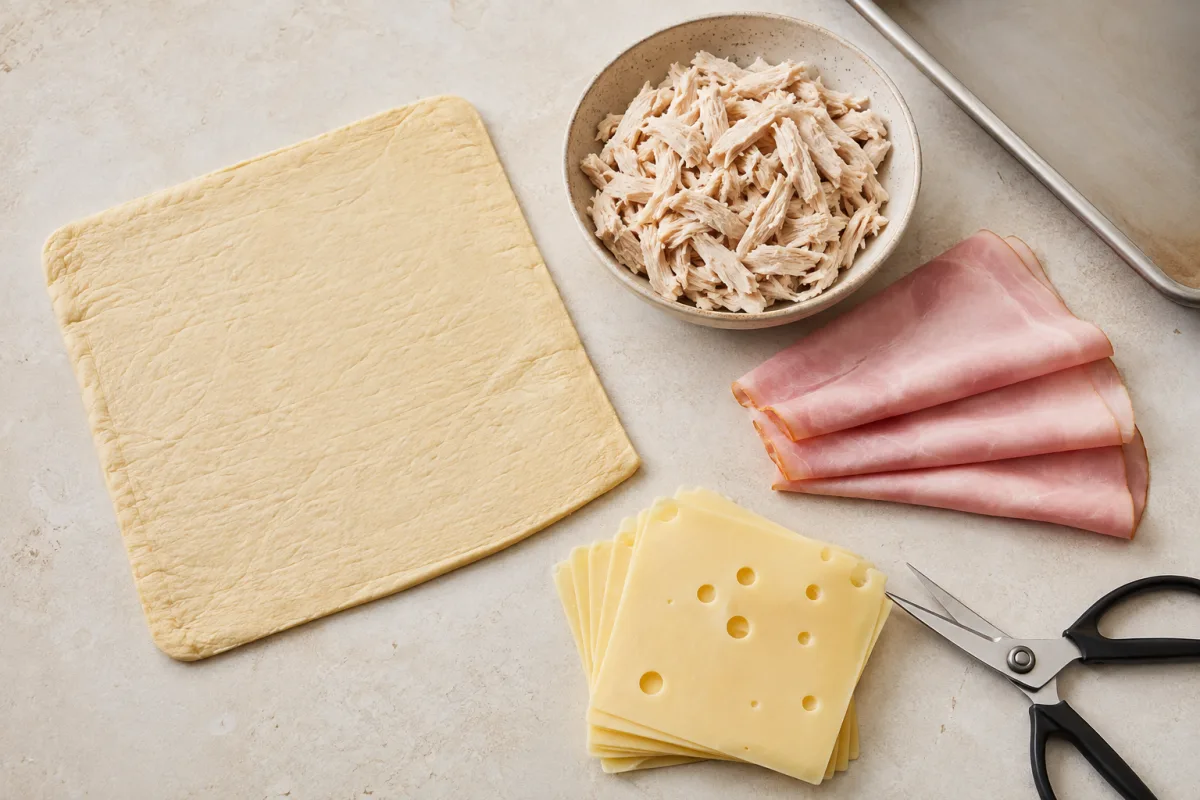 Ingredients for a chicken crescent braid with crescent dough, cooked shredded chicken, deli ham, and Swiss cheese