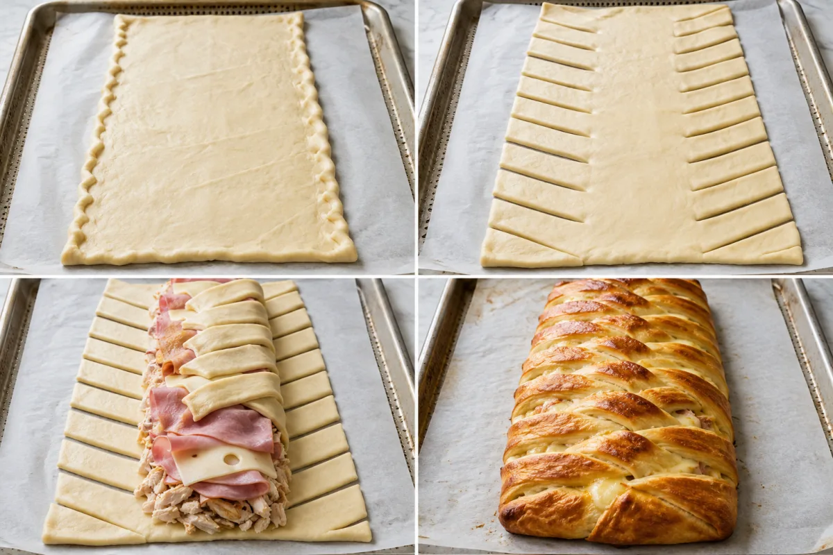 Four stages showing crescent dough unrolled, diagonal strips cut, chicken ham and Swiss layered and braided, and the baked golden chicken crescent braid