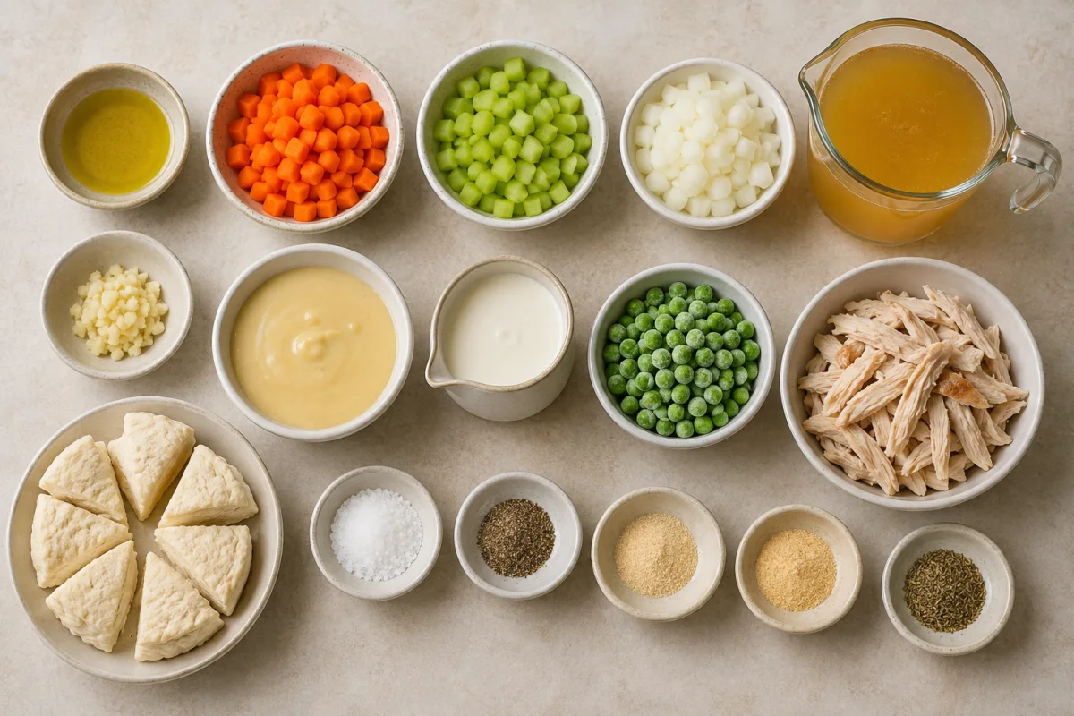 Ingredients for creamy chicken dumpling soup including vegetables, broth, cream, peas, shredded chicken, biscuit dough, and seasonings