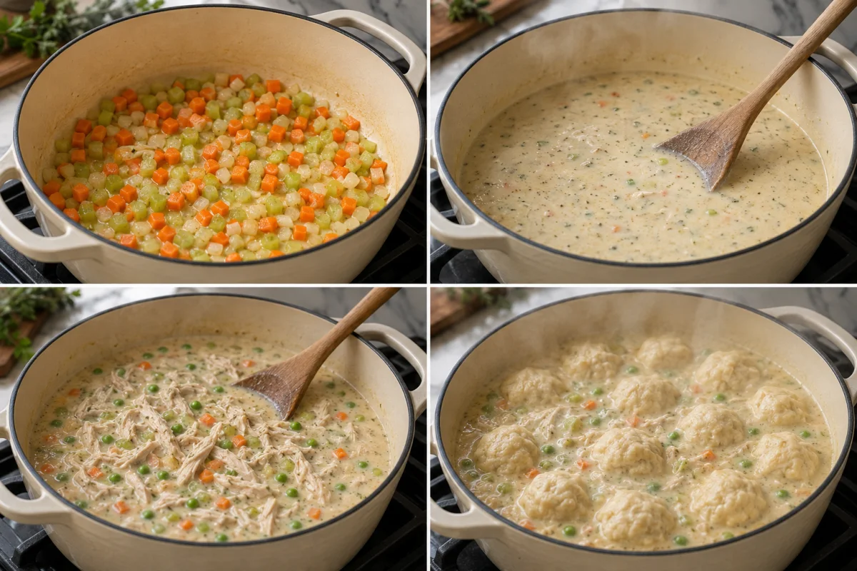 Four stages showing vegetables sauteed, creamy broth stirred, chicken and peas added, and biscuit dumplings cooked