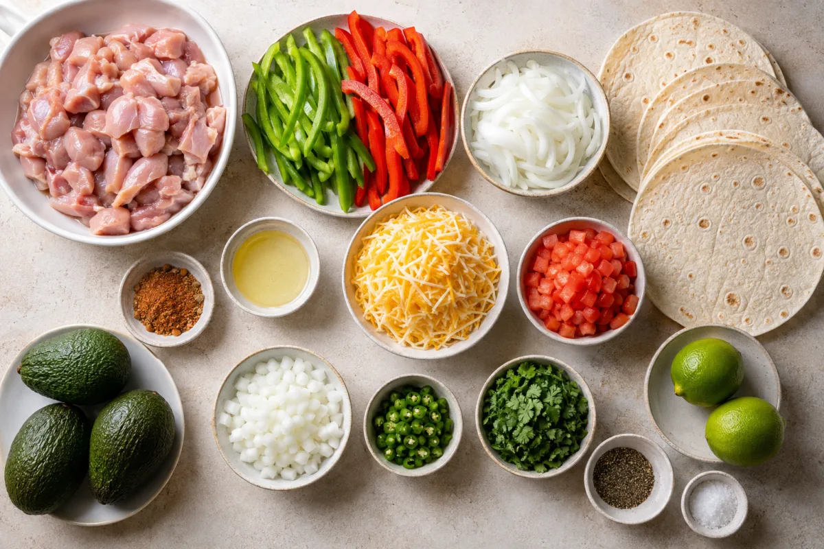 Ingredients for chicken fajita quesadillas and guacamole with chicken thighs, peppers, onion, seasoning, tortillas, cheese, avocado, tomato, jalapeno, cilantro, and lime