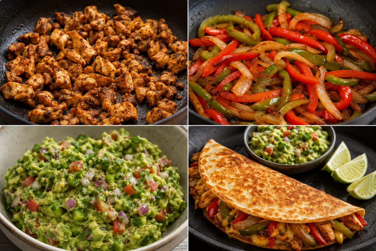 Four stages showing seasoned chicken cooked, peppers and onions sauteed, fresh guacamole mixed, and chicken fajita quesadilla crisped in a skillet