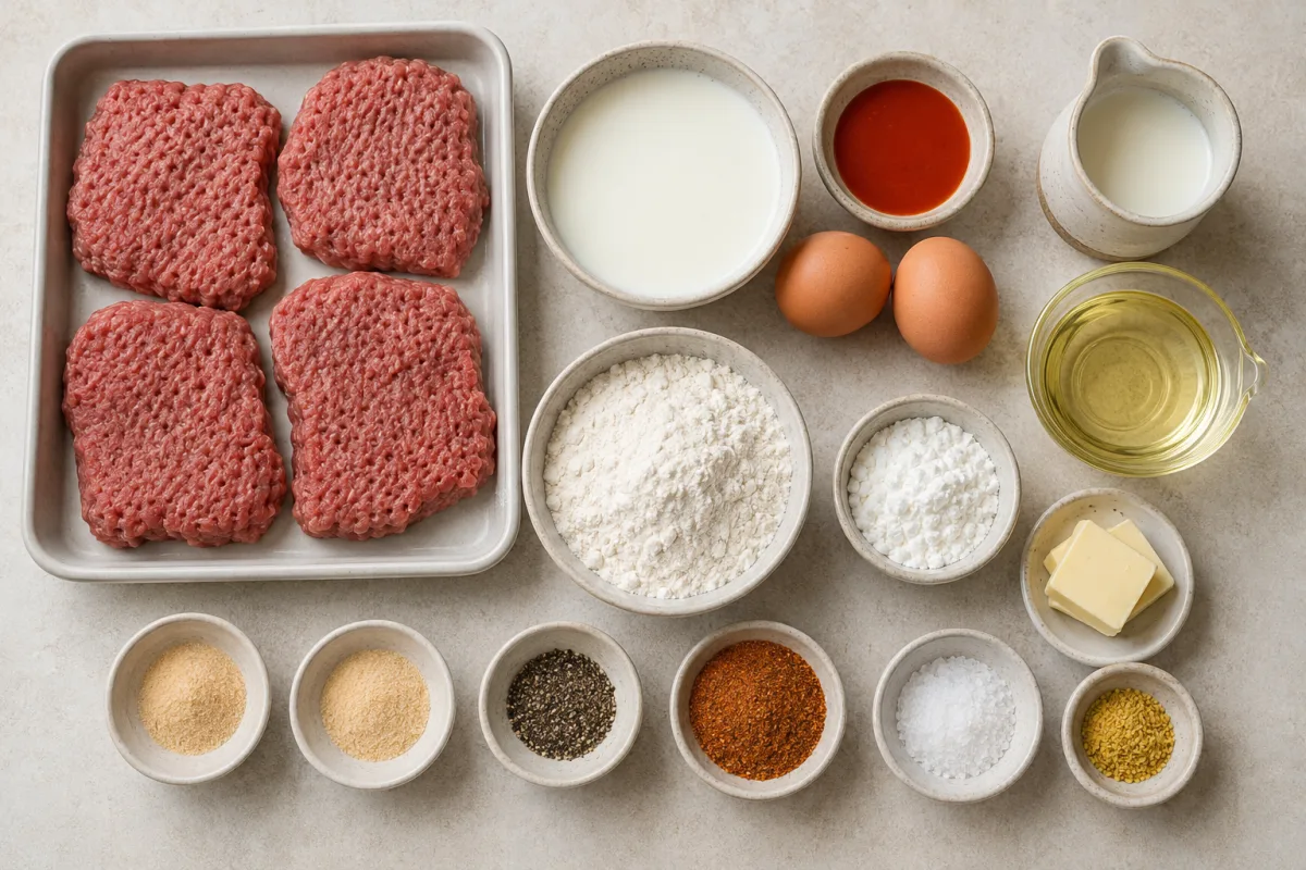 Ingredients for chicken fried steak with cube steaks, buttermilk, hot sauce, eggs, flour, cornstarch, milk, oil, butter, Cajun seasoning, and spices