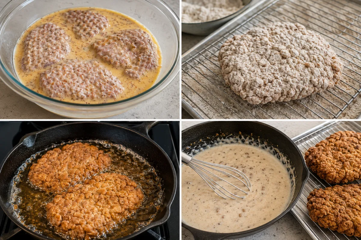 Four stages showing cube steaks in buttermilk marinade, double dredged on a rack, frying in a skillet, and white gravy whisked from the pan drippings