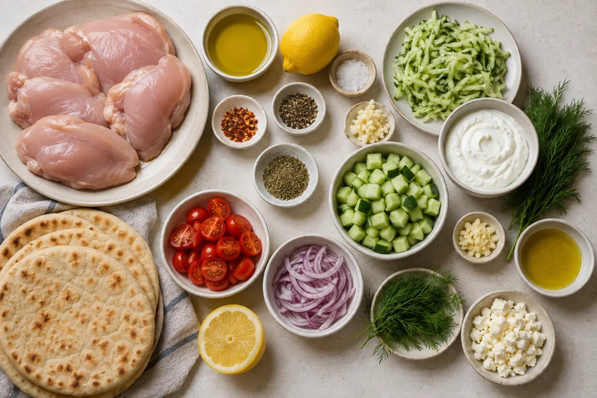 Ingredients for chicken gyros with chicken, pita bread, cucumber, tomato, red onion, Greek yogurt, lemon, garlic, dill, herbs, and olive oil