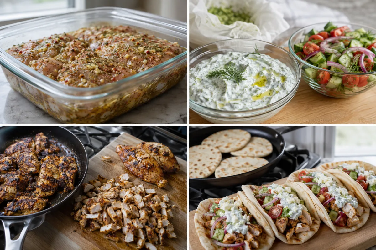 Four stages showing chicken in lemon herb marinade, cucumber tzatziki and fresh salad, chicken cooking in a skillet, and assembled chicken gyros in warm pita
