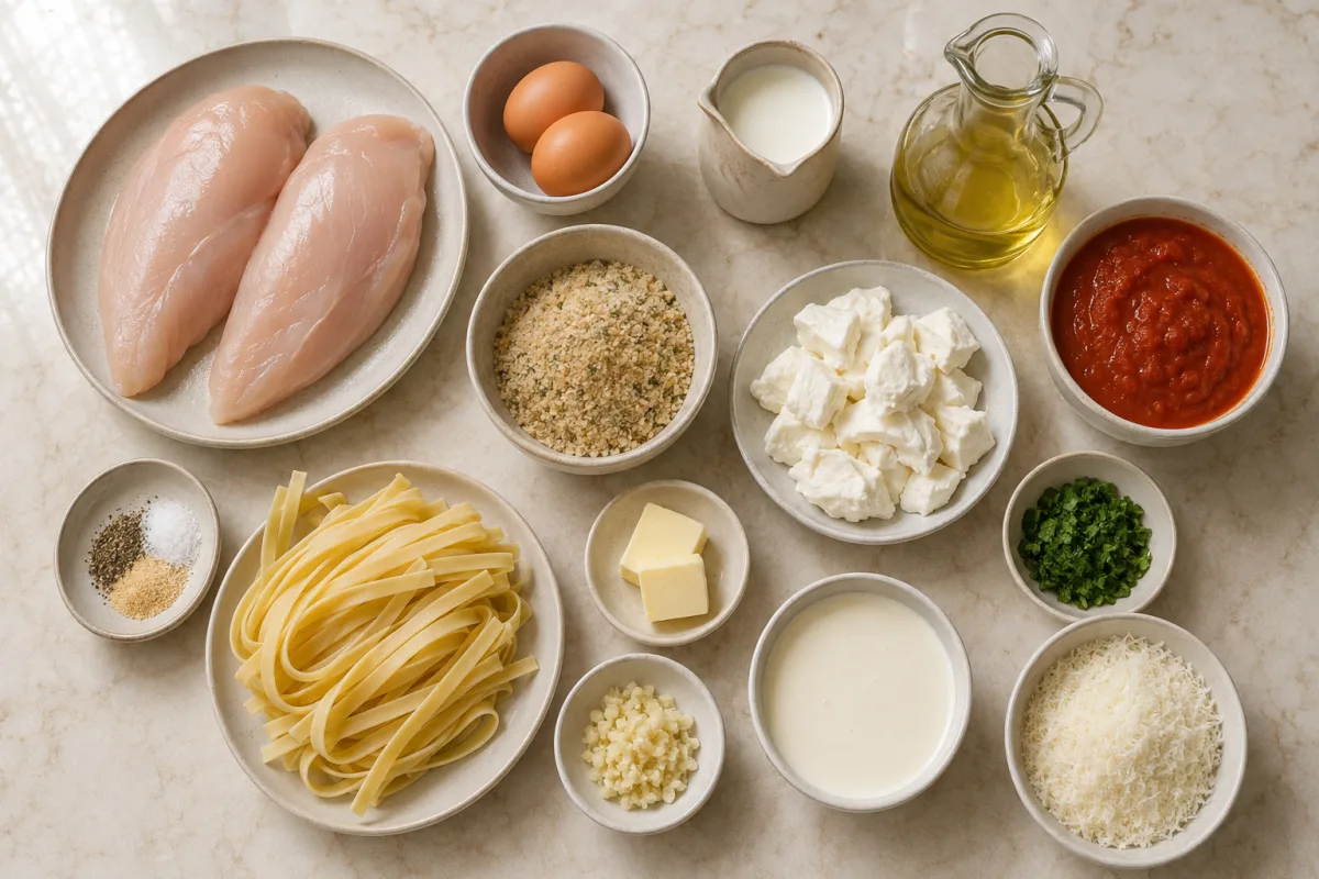 Ingredients for chicken Parmesan with fettuccine Alfredo including chicken, eggs, cream, breadcrumbs, oil, marinara, mozzarella, parsley, pasta, butter, garlic, cream, and Parmesan