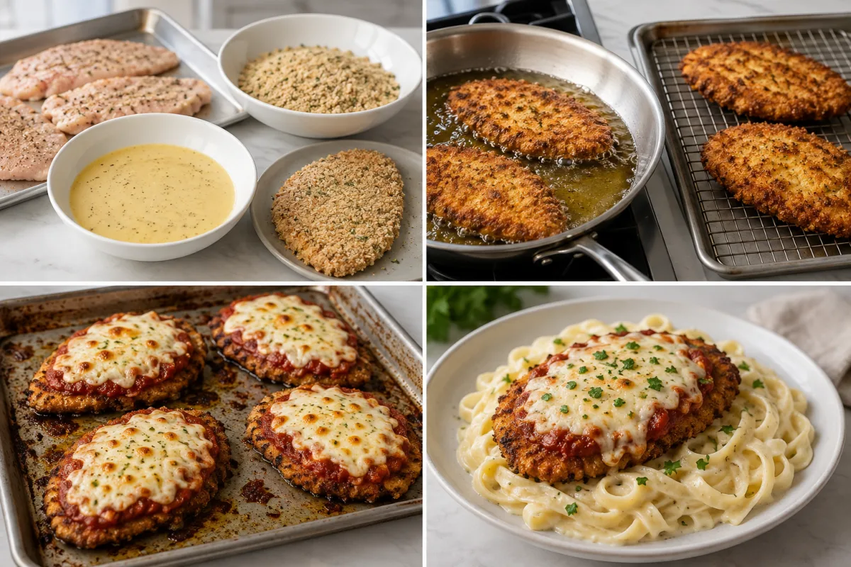 Four stages showing chicken cutlets breaded, fried and drained, topped with marinara and mozzarella, and served over fettuccine Alfredo